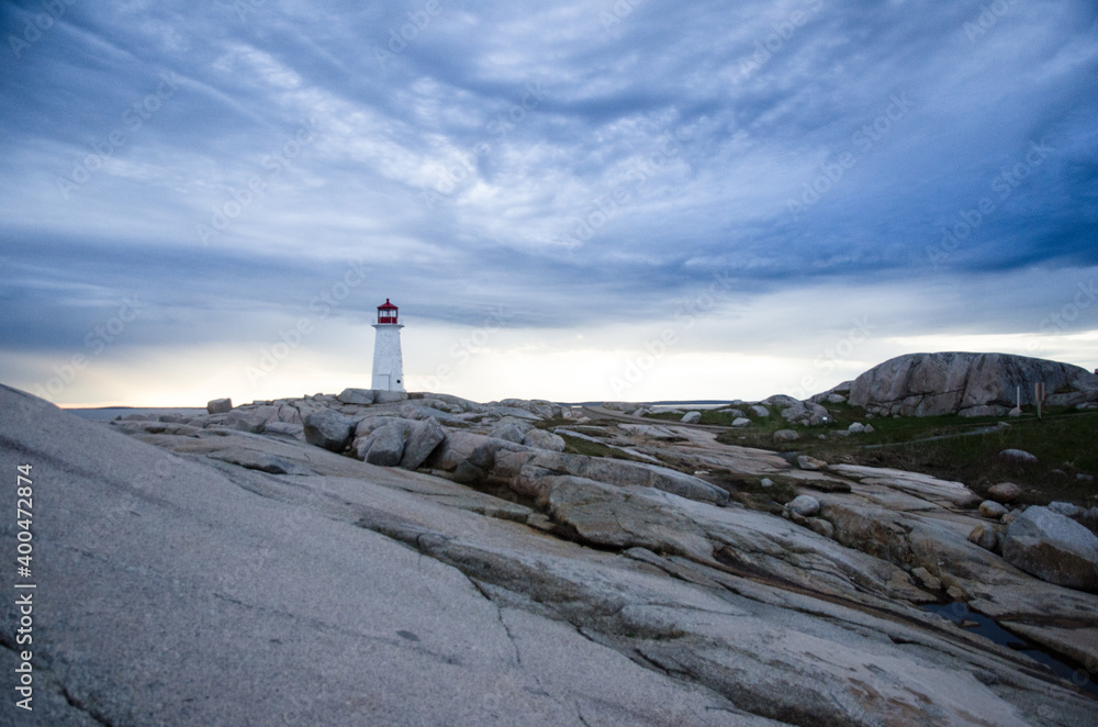 Peggy's Cove lighthouse with threatening storm clouds