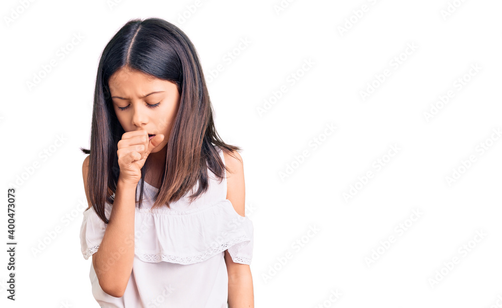 Beautiful child girl wearing casual clothes feeling unwell and coughing as symptom for cold or bronchitis. health care concept. Beautiful child girl wearing casual clothes feeling unwell and coughing as symptom for cold or bronchitis. health care concept.
