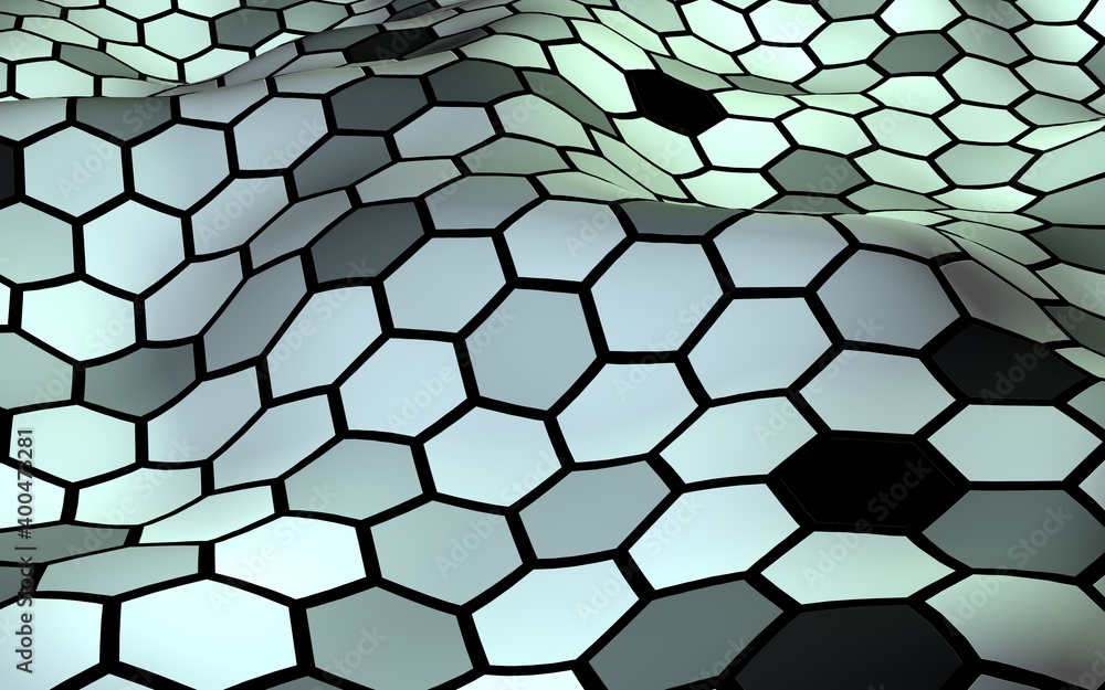 Honeycomb with a gradient color. Perspective view on polygon look like honeycomb. Wavy surface. Isometric geometry. 3D illustration Honeycomb with a gradient color. Perspective view on polygon look like honeycomb. Wavy surface. Isometric geometry. 3D illustration