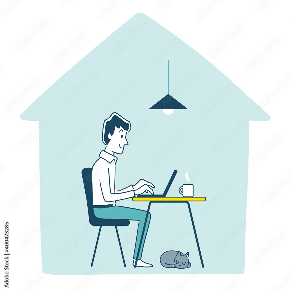 ベクターイラスト素材:おうち時間、ステイホーム、家で仕事をする男性、リモート、テレワーク、イメージ
ベクターイラスト素材:おうち時間、ステイホーム、家で仕事をする男性、リモート、テレワーク、イメージ