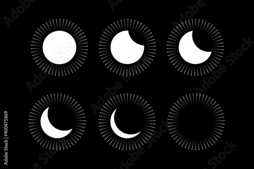 Lunar eclipse or solar eclipse process icon set. Shining sun or moon icon