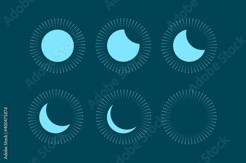 Lunar eclipse or solar eclipse process icon set. Shining sun or moon icon
