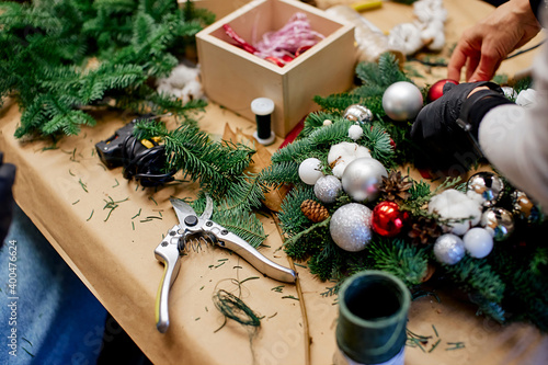 making Christmas wreaths handmade close-up crafts