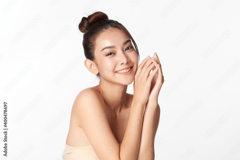 Beautiful Young asian Woman with Clean Fresh Skin, on Pink background, Face care, Facial treatment. Cosmetology, beauty and spa. Asian women portrait Beautiful Young asian Woman with Clean Fresh Skin, on Pink background, Face care, Facial treatment. Cosmetology, beauty and spa. Asian women portrait