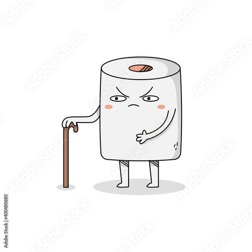 Cute grandpa toilet paper cartoon character with a cane
