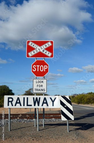 Fotografie Signs on a railway crossing in rural Victoria, Australia