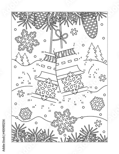 Santa's lost mittens connect the dots puzzle and coloring page. Full page activity sheet for kids. Learning or reinforcing math basics of numbers and order.

