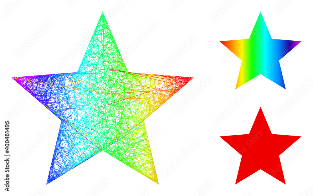 Spectral colored net red star, and solid spectrum gradient red star icon. Crossed frame 2D net abstract symbol based on red star icon, made from crossed lines. Spectral colored net red star, and solid spectrum gradient red star icon. Crossed frame 2D net abstract symbol based on red star icon, made from crossed lines.