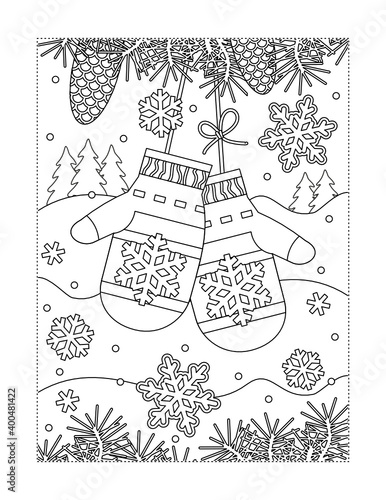 Mittens lost by Santa, or somebody else, in winter forest coloring page or black and white illustration
