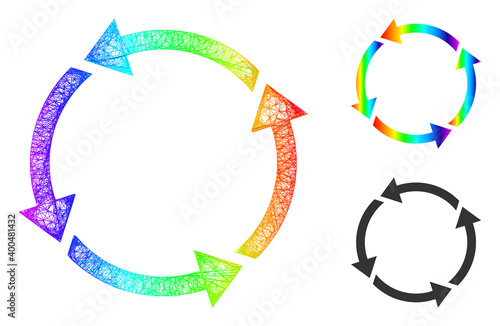 Rainbow colorful net recycle, and solid rainbow gradient recycle icon. Wire frame 2D net abstract symbol based on recycle icon, created with crossing lines.