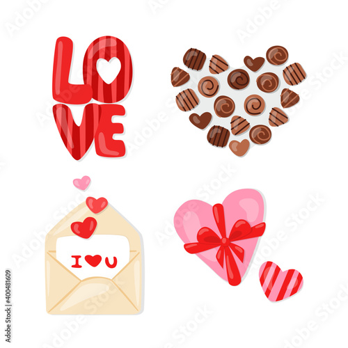 Valentine's day set with candies and hearts. 