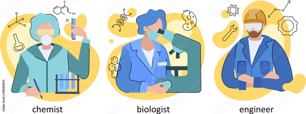 Fototapeta premium Set of three different workers wearing face masks with two scientists conducting experiments in a laboratory and an industrial engineer, modern vector illustration