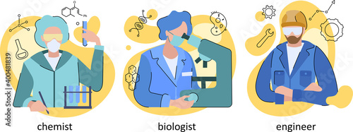 Set of three different workers wearing face masks with two scientists conducting experiments in a laboratory and an industrial engineer, modern vector illustration