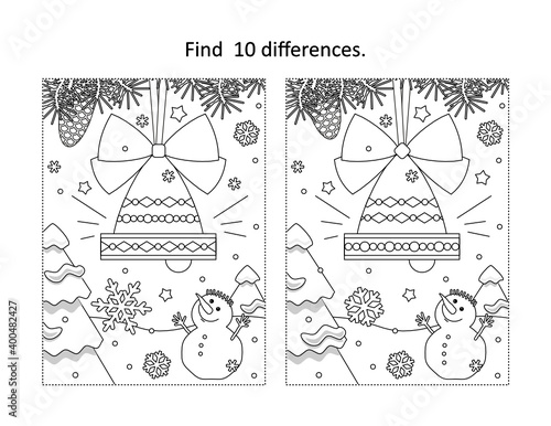 Find 10 differences visual puzzle and coloring page with winter holidays, New Year or Christmas bell ornament 
