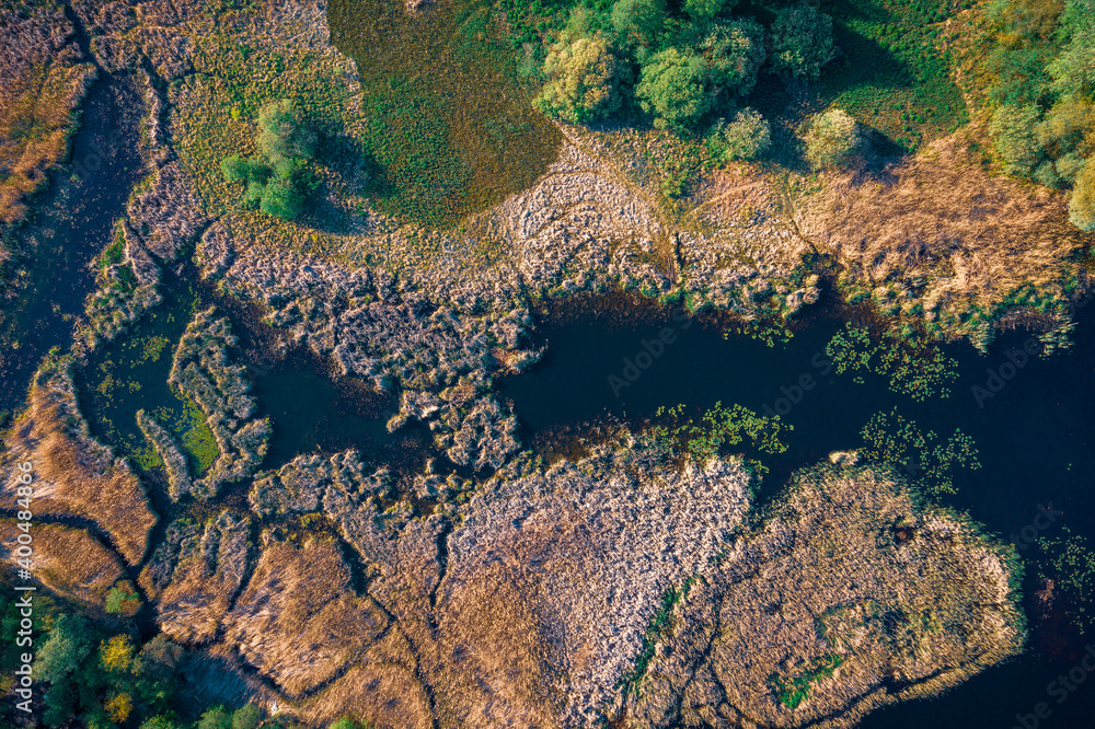 An aerial view of Mukhavets river overflow in Brest city, Belarus