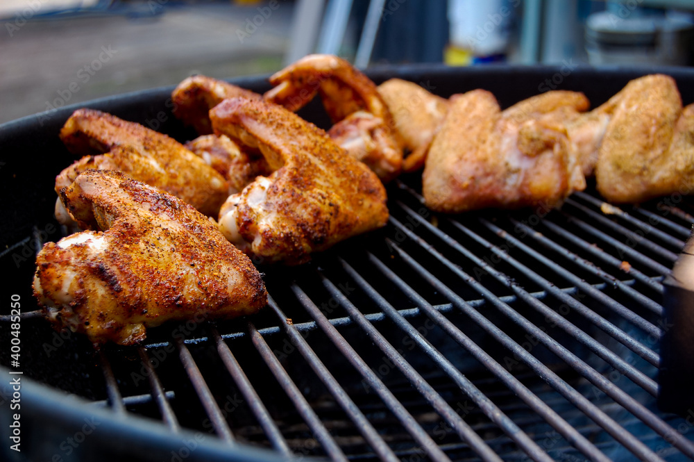Chicken Barbecue, Chicken Wings on Grill Smoker, Chicken Barbecue Wings