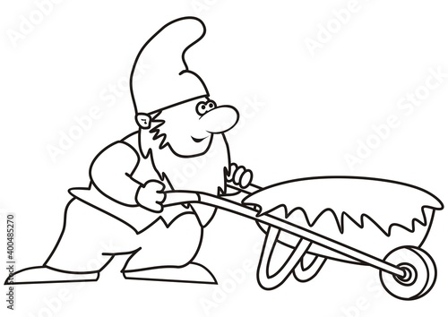 elf with cart with grass, coloring page, vector icon	