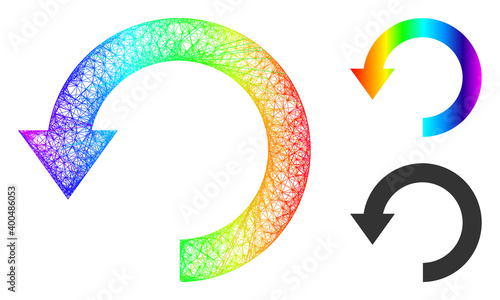 Spectral colorful net mesh rotate down, and solid spectral gradient rotate down icon. Linear frame 2D net geometric symbol based on rotate down icon, is made with crossed lines.