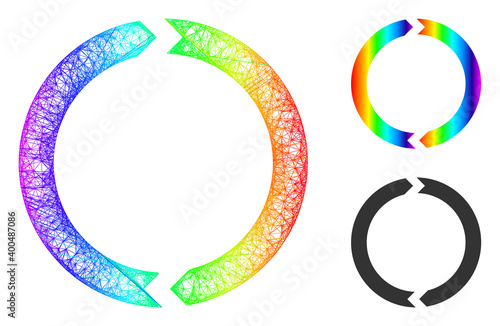Spectral colorful wire frame rotation, and solid spectral gradient rotation icon. Wire carcass 2D network abstract image based on rotation icon, is made from crossed lines.