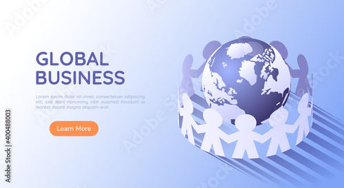 Isometric Web Banner Paper People Surrounded The World