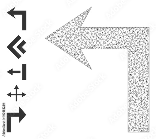 Mesh polygonal turn left icon with simple carcass created from turn left vector graphics. Frame mesh polygonal turn left. Wire frame flat mesh in vector format.