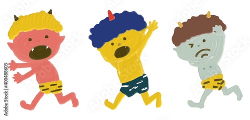節分の豆まきから逃げる子ども鬼の油絵風イラスト