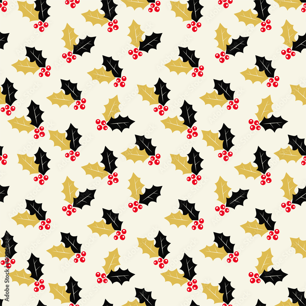 Fototapeta premium Vector seamless pattern with holly and berry. Black gold color. Winter christmas cream background