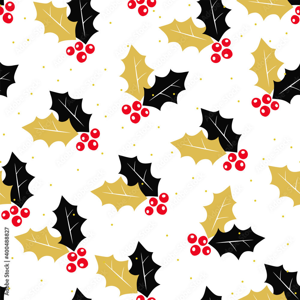 Vector seamless pattern with holly, berry and snow. Black gold color. Winter christmas background Vector seamless pattern with holly, berry and snow. Black gold color. Winter christmas background