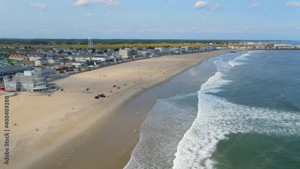 Hampton Beach aerial view including historic waterfront buildings on Ocean Boulevard and Hampton Beach State Park, Town of Hampton, New Hampshire NH, USA. Hampton Beach aerial view including historic waterfront buildings on Ocean Boulevard and Hampton Beach State Park, Town of Hampton, New Hampshire NH, USA.