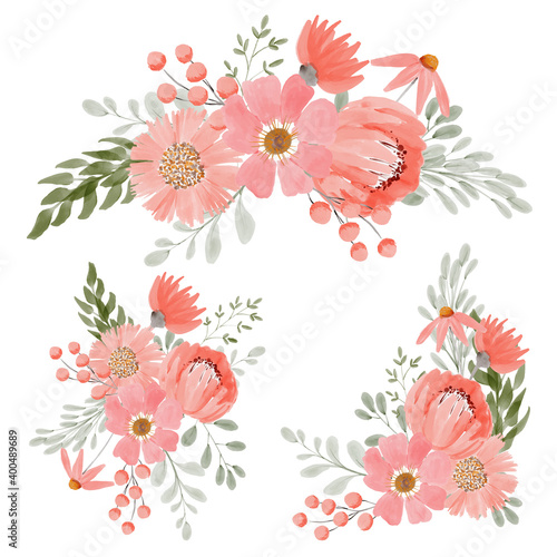 floral arrangement bouquet in peach watercolor illustration set