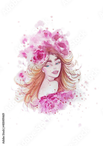 Spring girl watercolor illustration. Abstract portrait on a white background. Fresh pink rose flowers nature.