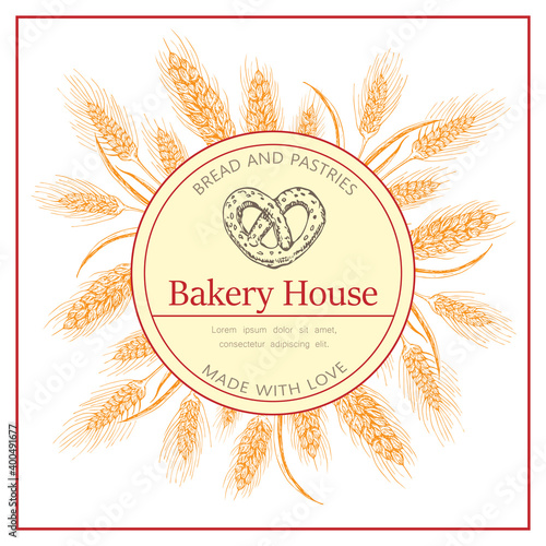 Bakery, pastry shop label, flyer template with wheat ears wreath and pretzel logo on white background. bakeshop hand drawn sketch illustration. banner for bakehouse, bread packaging design.