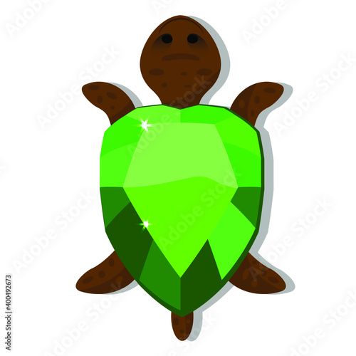 Diamond turtle. Expensive green emerald and mammal. Cartoon vector illustration.