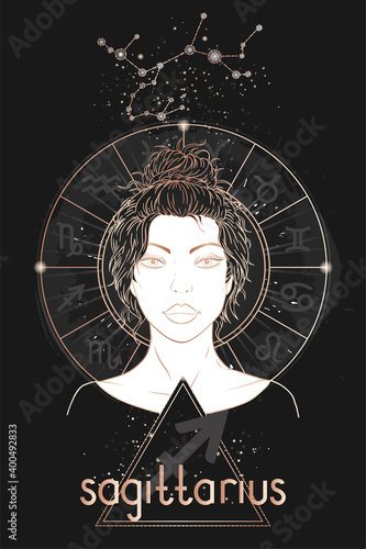 Gold astrology card. Zodiac sign Sagittarius, constellation and beautiful woman portrait on a dark background with horoscope circle. Gold astrology card.