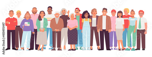 Diverse and multicultural group of people against a white background. A crowd of happy characters