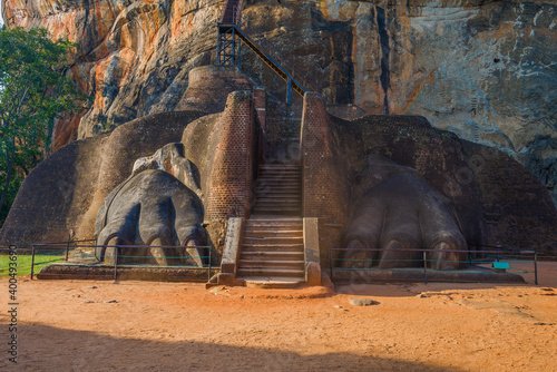 Two ancient lion paws on the Lion's terrace. Fragment of the ruins of the royal palace on Mount Sigiriya. Sri Lanka