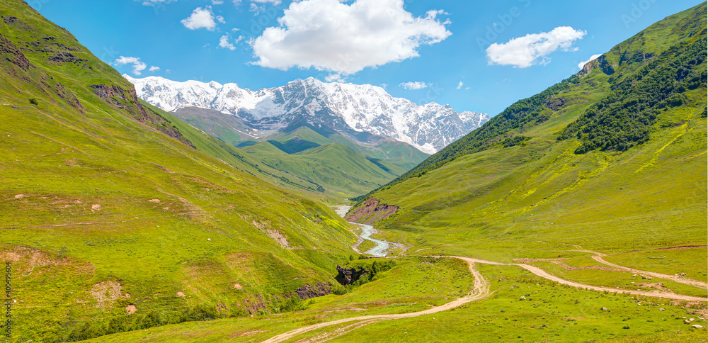 Beautiful landscape with Mount Shkhara, Ushguli village  Upper Svaneti, Georgia