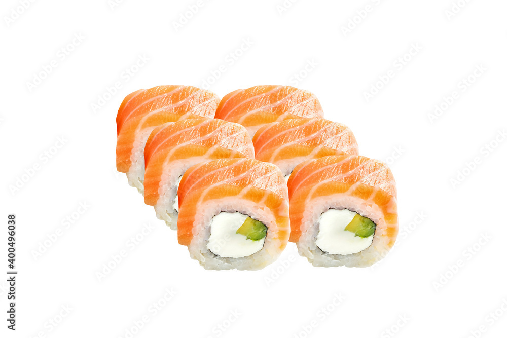 Appetizing rolls isolated on a white background. Close-up. Japanese food concept. Appetizing rolls isolated on a white background. Close-up. Japanese food concept.