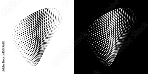 Halftone circle dots curved gradient texture background. 3d logo. Curve dotted emblem using halftone pattern circle dot raster texture. Vector blot half tone.