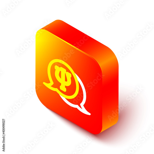 Isometric line Psychology icon isolated on white background. Psi symbol. Mental health concept, psychoanalysis analysis and psychotherapy. Orange square button. Vector.