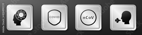 Set Human and virus, Shield protecting from virus, Corona virus 2019-nCoV and Man coughing icon. Silver square button. Vector