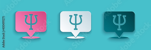 Paper cut Psychology icon isolated on blue background. Psi symbol. Mental health concept, psychoanalysis analysis and psychotherapy. Paper art style. Vector.