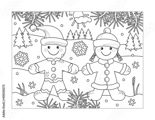 This is coloring page with gingerbread man and gingerbread girl walking in outdoor winter scene.
