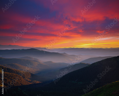 Attractive evening landscape illuminated by the sunset. Carpathian mountains, Ukraine, Europe. © Leonid Tit
