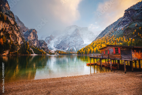 Attractive view of most famous alpine lake Braies  Pragser Wildsee .