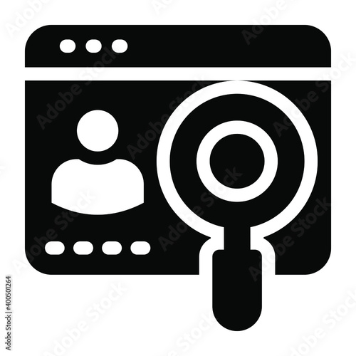 Hr dept hiring concept, solid icon of online user find 