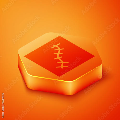Isometric Scar with suture icon isolated on orange background. Orange hexagon button. Vector.
