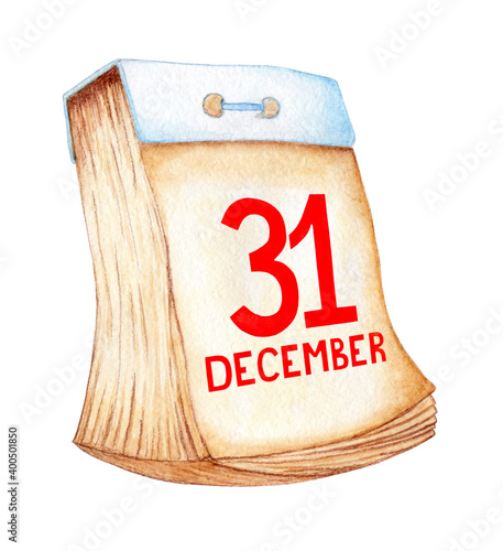 Canvas Print Watercolor illustration of an old calendar with tear-off pages and the date of December 31 in red