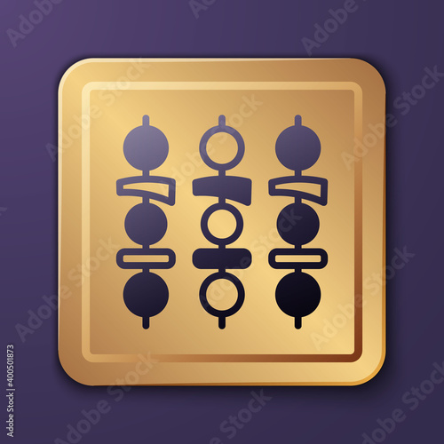 Purple Grilled shish kebab on skewer stick icon isolated on purple background. Meat kebab on skewer stick. Picnic with grilled meat. Gold square button. Vector.
