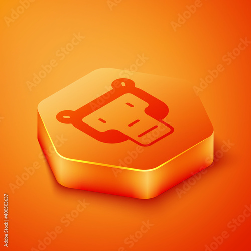 Isometric Monkey icon isolated on orange background. Animal symbol. Orange hexagon button. Vector.